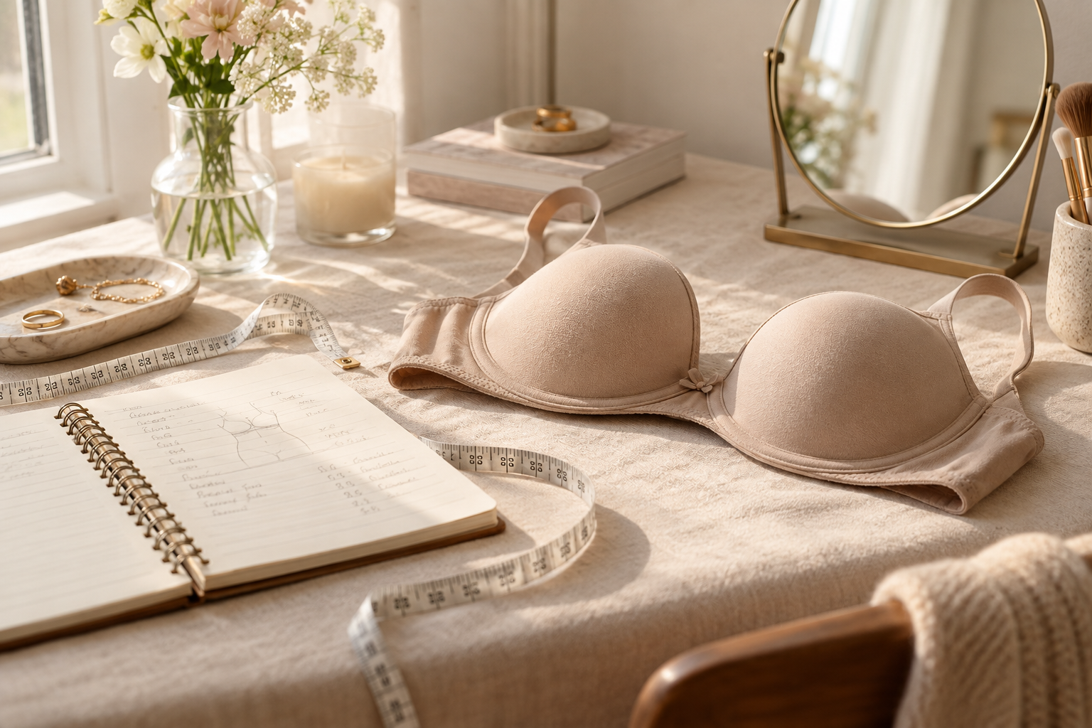 Measuring tape, neutral bra and notebook for checking bra size at home