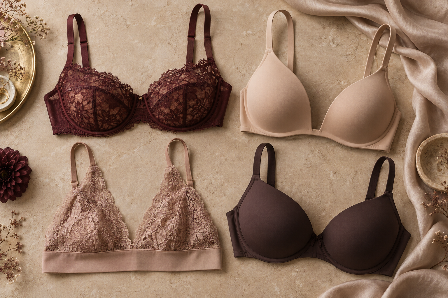 Balconette, plunge, bralette and smooth everyday bras arranged by shape