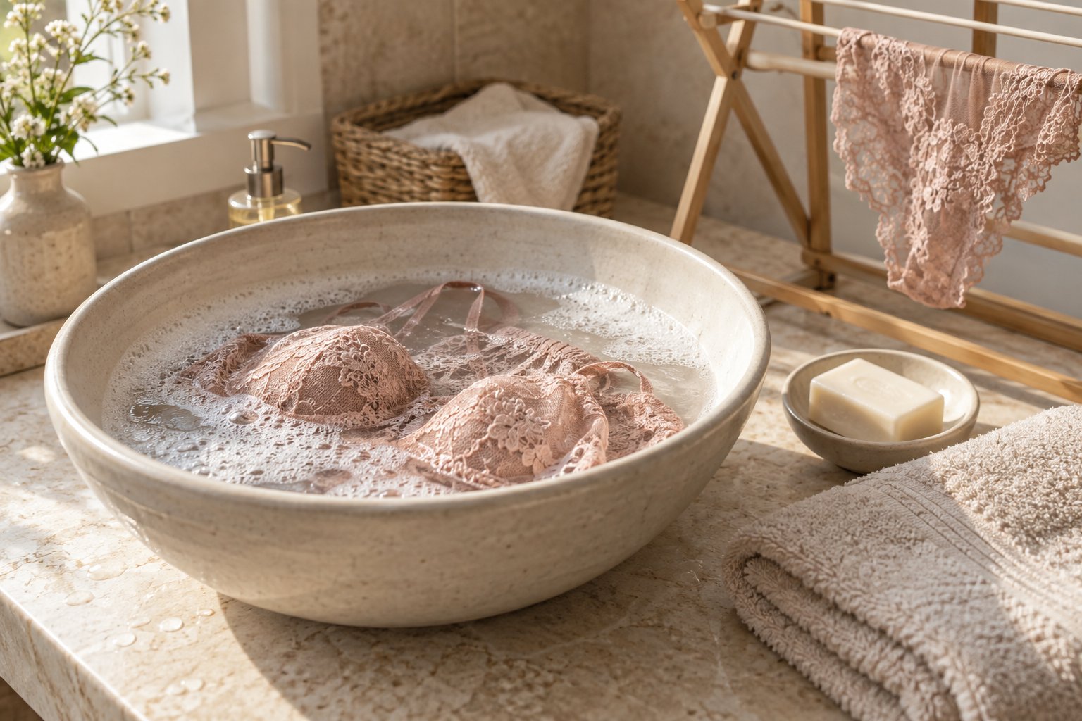 Delicate lace lingerie being hand washed in a ceramic basin