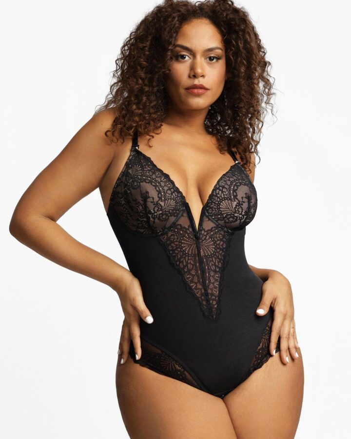 Deep-V Neck Lace Shapewear Bodysuit Leather Midi Skirt Set – Bodysuit