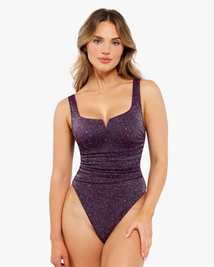 Shapewear Square Neck Ruched Metallic Knit Slimming Bodysuit – Purple / S