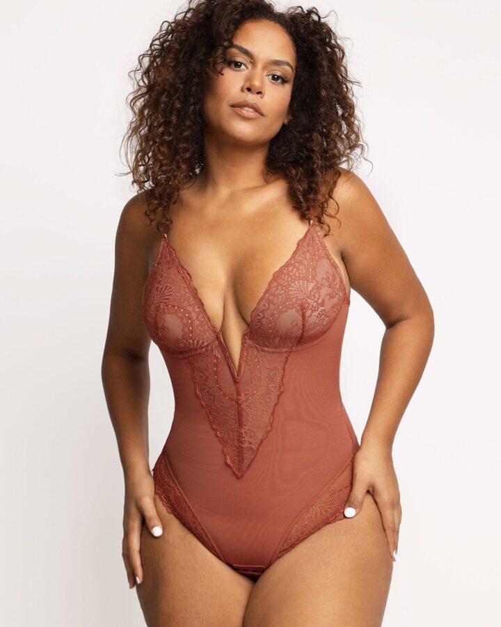Shapewear Lace Deep-V Neck Bodysuits or Faux Leather Skirts – Lace Deep-V(Run Small – Chocolate