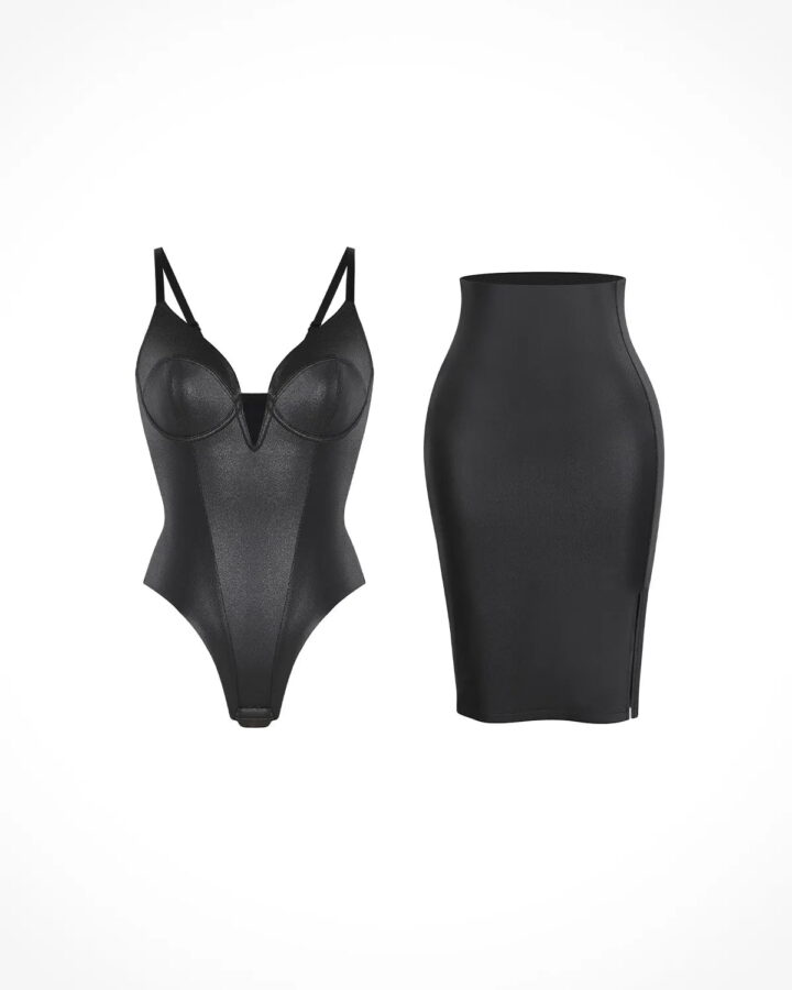 Shapewear Deep V-Neck Leather Bodysuit Slit Midi Skirt Set – Set