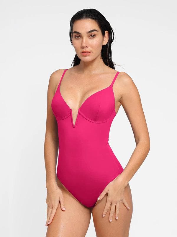 Shapewear Body-Sculpting Swimsuits – Deep V-Neck One-Piece – Hibiscus Pink