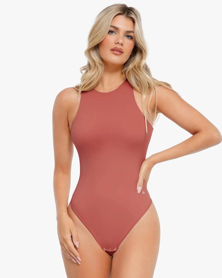 Shapewear Round Neck Sleeveless Cutaway Bodysuit – Brick Red