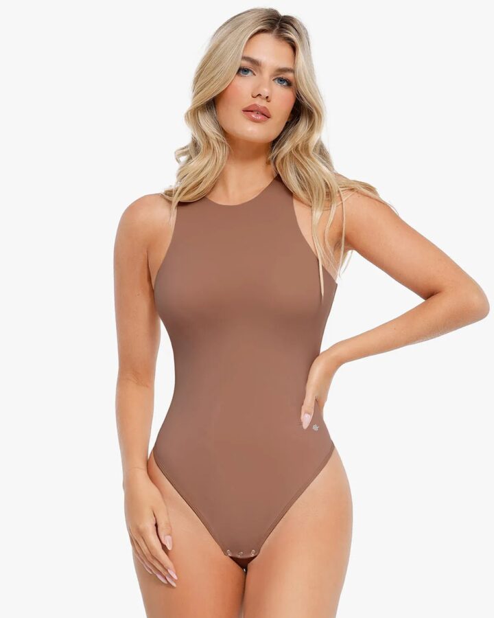 Shapewear Round Neck Sleeveless Cutaway Bodysuit – Light Brown