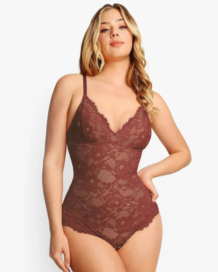 Shapewear Full Lace Firm Control Smoothing Thong Bodysuit – Jujube Red