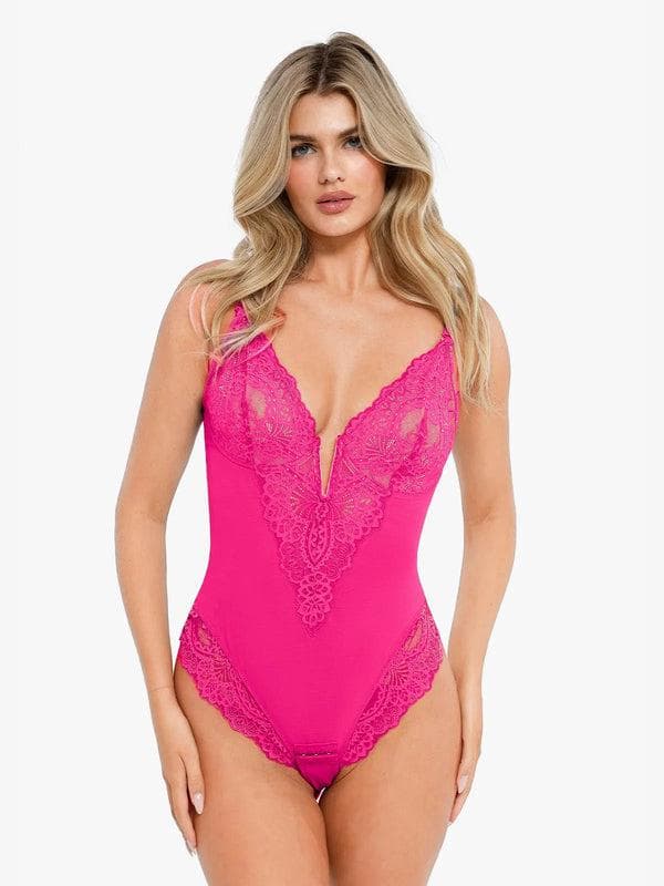 Shapewear Lace Deep V-Neck Sculpting Thong Bodysuit – Hibiscus Pink