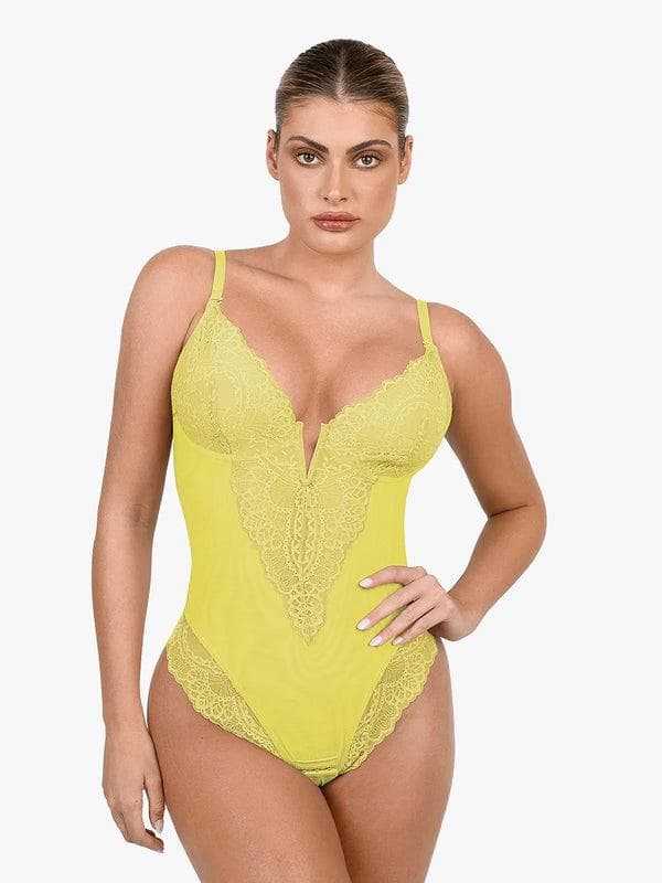 Shapewear Deep V-Neck Lace Sculpting Thong Bodysuit